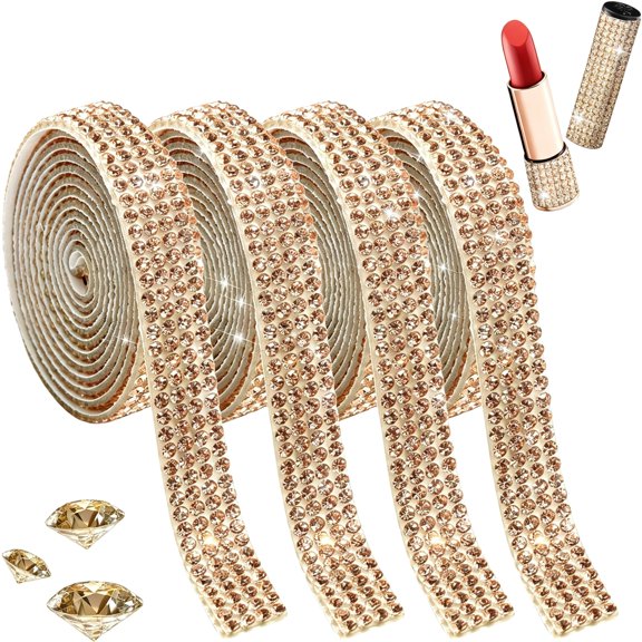 DESIGNICE Rhinestone Ribbon Rolls 4 Rows Crystal Trim Sticker Champagne Rhinestone Tape Sticker with 2Mm Gem Self Adhesive Diamond Wrap Sticker for Diy Art Crafts Gift Party Decoration