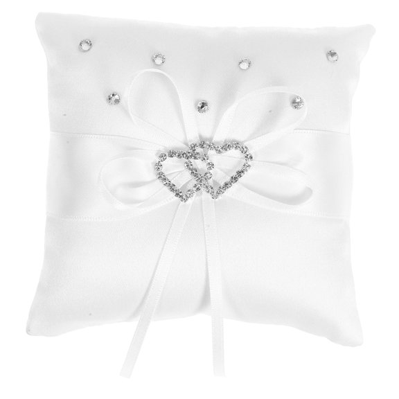 DESIGNICE Ring Bearer Pillow White Satin Ribbon Double Heart with Rhinestone Accent Ring Bearer Pillows