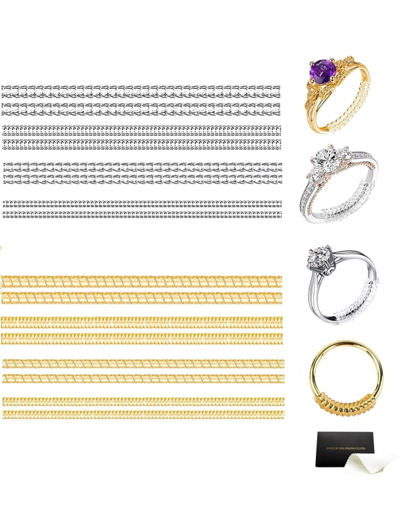 Ring Sizer Adjuster for Loose Rings,16 Pack 4 Size for Different Band Widths,Invisible Guards for Women & Men,Spiral Silicone Tightener Set with Polishing Cloth (Gold & Clear)