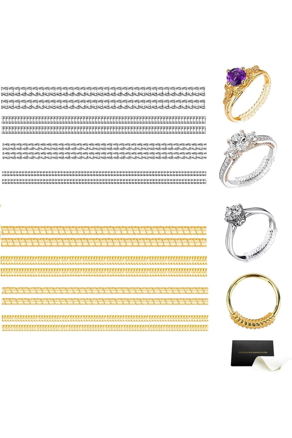 Ring Sizer Adjuster for Loose Rings,16 Pack 4 Size for Different Band Widths,Invisible Guards for Women & Men,Spiral Silicone Tightener Set with Polishing Cloth (Gold & Clear)
