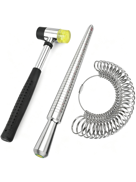 Ring Sizer Measuring Tool Including Ring Mandrel,Ring Gauge Finger Sizer&Rubber Jewelry Hammer,Metal Ring Measurement Maker Kit Ring Sizing Stick for Man Women Jewelry Making