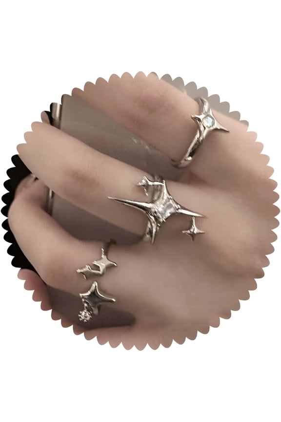 Rings for Women Black Silver Star Statement Rings Punk Grunge Goth Chunky Rings Adjustable Open Ring Set