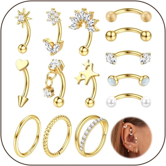 DESIGNICE Rook Piercing Jewelry Surgical Steel Vertical Labret Lip Jewelry Gold Eyebrow Piercing Rook Daith Earrings for Women Cartilage Curved Barbell Daith Surface Tragus Piercing Jewelry