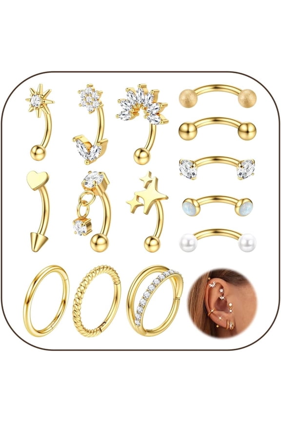 Rook Piercing Jewelry Surgical Steel Vertical Labret Lip Jewelry Gold Eyebrow Piercing Rook Daith Earrings for Women Cartilage Curved Barbell Daith Surface Tragus Piercing Jewelry