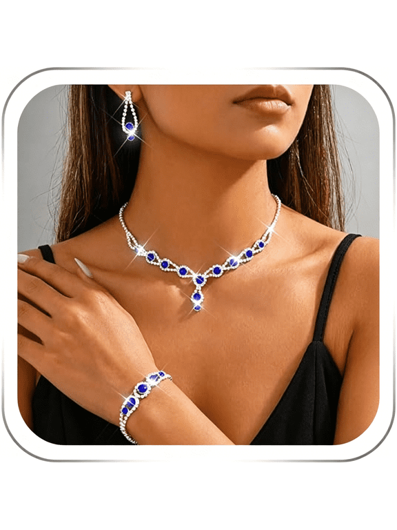 Royal Blue Jewelry Set Bridal Rhinestone Necklace Earrings Bracelet Sets Wedding Costume Jewelry for Women