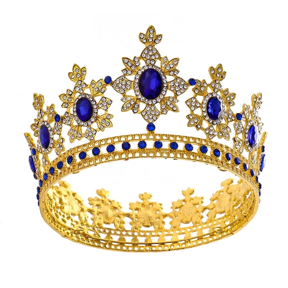 DESIGNICE Royal Queen King Crowns Gold Tiaras Baroque Round Crown Diadem Prom Wedding Hair Jewelry Blue for Rhinestone Headband