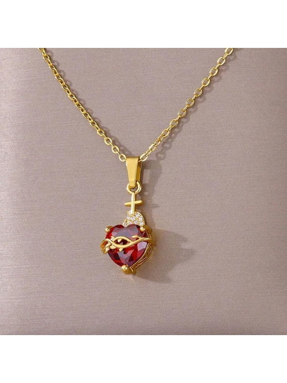 Ruby Pendant Necklace for Women Golden Plated Heart Red Cubic Zirconia Inlaid Elegant Chain Necklace Adjustable Trendy Dainty Jewelry Gift Heart Necklace