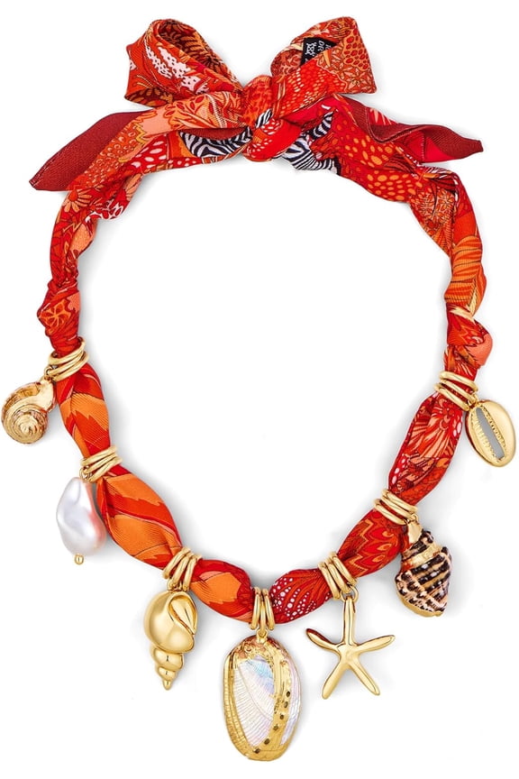 Scarf Necklace with Charms Heart Choker Necklace Shell Necklace Bandana Necklace Statement Choker Jewelry