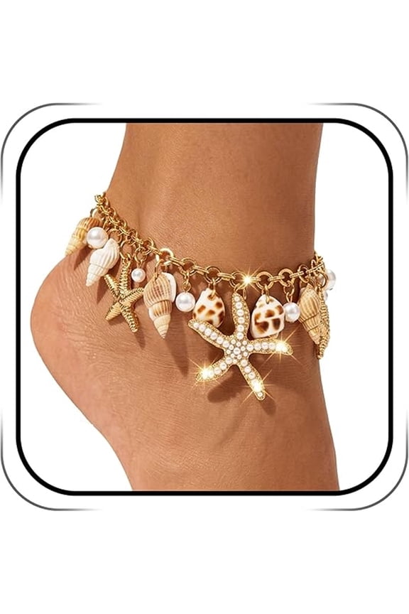Sea Shell Starfish Anklet with Pearl Charms,Layered Heart Beach Statement Chunky Ankle Bracelet,Gold Tone Chain