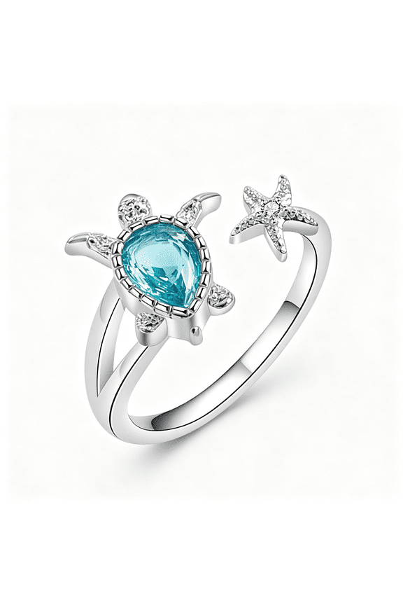 Sea Turtle Starfish Statement Ring Blue Cubic Zirconia Adjustable Open Crystal Cz Animals Pets Nature Ocean Rings Finger Band Eternity Wedding Engagement Cute Jewelry for Women