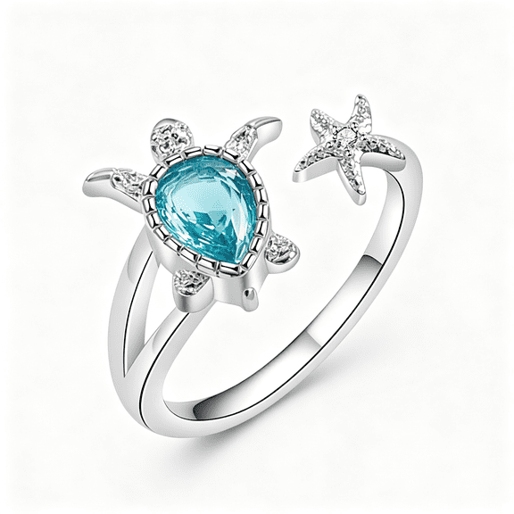 DESIGNICE Sea Turtle Starfish Statement Ring Blue Cubic Zirconia Adjustable Open Crystal Cz Animals Pets Nature Ocean Rings Finger Band Eternity Wedding Engagement Cute Jewelry for Women