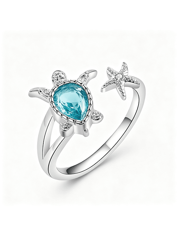 Sea Turtle Starfish Statement Ring Blue Cubic Zirconia Adjustable Open Crystal Cz Animals Pets Nature Ocean Rings Finger Band Eternity Wedding Engagement Cute Jewelry for Women