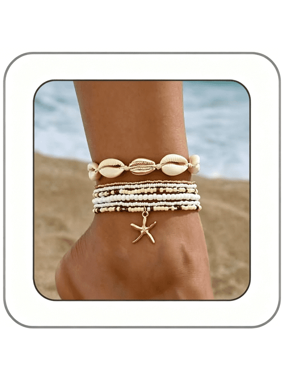 Seashell Ankle Bracelet for Women,Colorful Starfish Stack Stretch Bead Ankles Set Adjustable Waterproof Mermaid Ankle Chain Bracelet Hawaii Summer Beach Vacation Foot Mermaid Jewelry