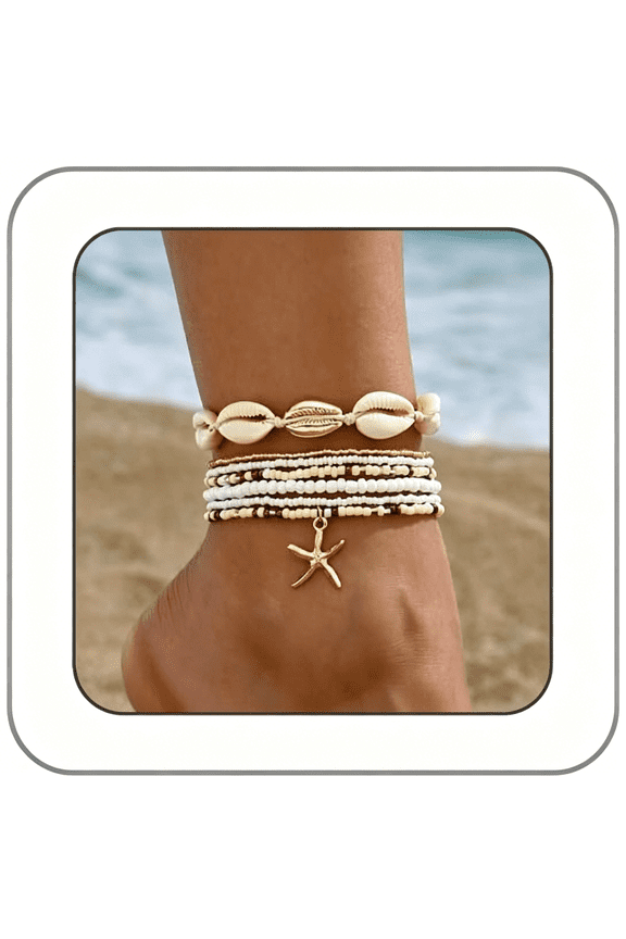 Seashell Ankle Bracelet for Women,Colorful Starfish Stack Stretch Bead Ankles Set Adjustable Waterproof Mermaid Ankle Chain Bracelet Hawaii Summer Beach Vacation Foot Mermaid Jewelry