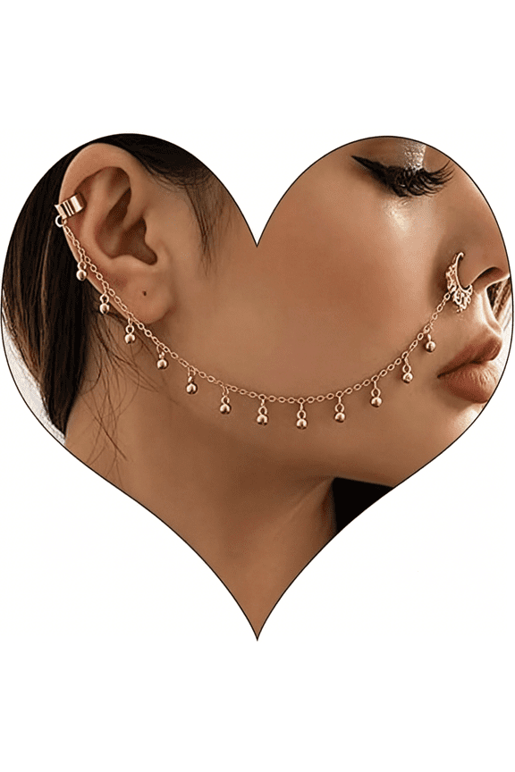 Sexy Pearl Beaded Tassel Nose Ring with Chain to Ear Cuff Non-pierced Septum Hoop Ring Indian Belly Dance Party Nose Accessories for Women