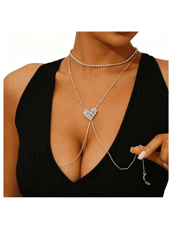 Sexy Rhinestone Heart Bra Body Chain Necklace Festival Rave Crystal Non Piercing Nipple Chain Jewelry Bikini Lingerie Nipple Body Jewelry for Women Party