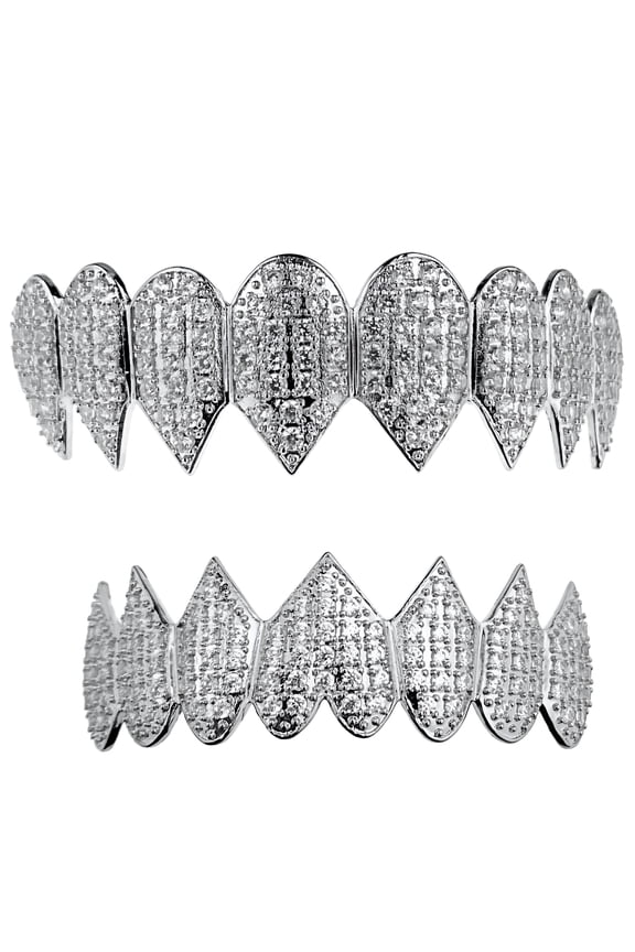 Shark Grillz 8 Top & Eight Bottom Teeth Set Silver Tone Iced Micro Pave Pre-Made Mouth Grills