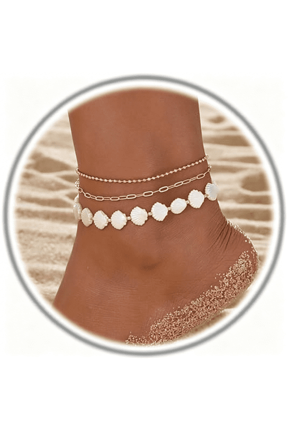 Shell Ankle Bracelet Set for Women,Boho Adjustable Beads Anklet Pack Natural White Shells Stack Stretch Seashell Pearl Starfish Bracelet Set Hawaiian Beach Vacation Foot Jewelry