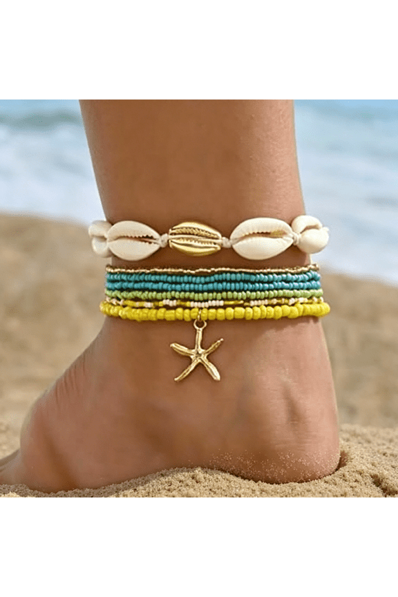 Shell Anklets Bracelet for Women Colorful Stackable Puka Shell Anklet Boho Seashell Beaded Anklet Hawaii Summer Beach Waterproof Surfer Starfish Anklets for Women