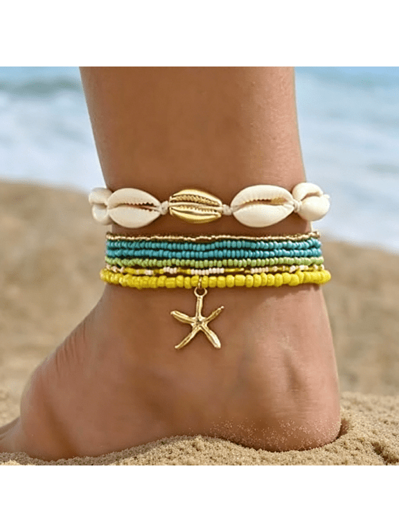 Shell Anklets Bracelet for Women Colorful Stackable Puka Shell Anklet Boho Seashell Beaded Anklet Hawaii Summer Beach Waterproof Surfer Starfish Anklets for Women