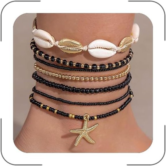 DESIGNICE Shell Anklets Bracelet for Women Waterproof Surfer Starfish Bracelet Puka Shell Anklet Colorful Boho Stack Stretch Bead Bracelet Set Hawaii Summer Beach Vacation Foot Jewelry