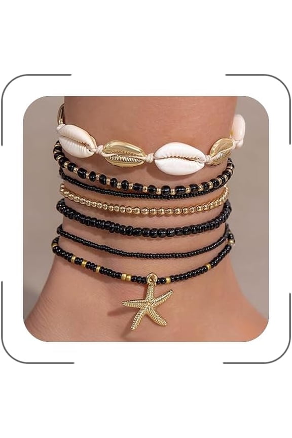 Shell Anklets Bracelet for Women Waterproof Surfer Starfish Bracelet Puka Shell Anklet Colorful Boho Stack Stretch Bead Bracelet Set Hawaii Summer Beach Vacation Foot Jewelry
