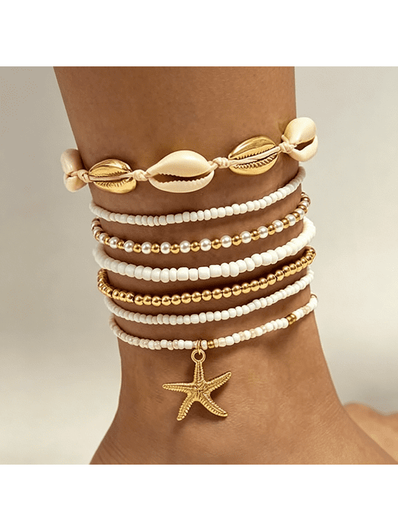 Shell Anklets Bracelet for Women Waterproof Surfer Starfish Bracelet Puka Shell Anklet Colorful Boho Stack Stretch Bead Bracelet Set Hawaii Summer Beach Vacation Foot Jewelry