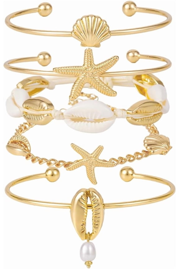 Shell Bracelet Seashell Beaded Stretch Bracelets for Women Summer Beach Bracelets Starfish Charm Bracelet Stackable Gold Plated Bracelets Set for Women