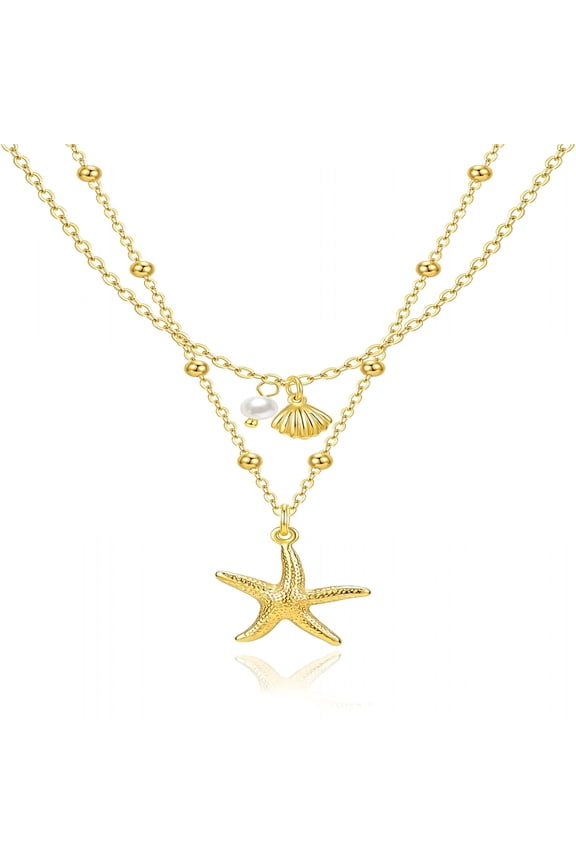 Shell Necklace for Women,14K Gold Plated Layered Starfish Conch Seashell Pearl Pendant Charm Necklace Stack Waterproof Dainty Beach Jewelry for Summer Vacation