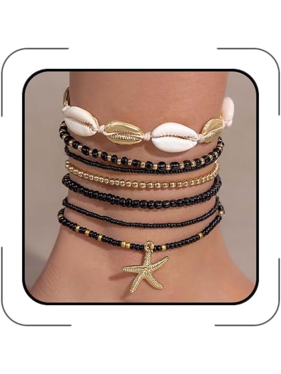 Shell Starfish Anklets Bracelet 7pcs Boho Seashell Beaded Anklet Hawaii Summer Beach Waterproof Surfer Starfish Anklets for Women