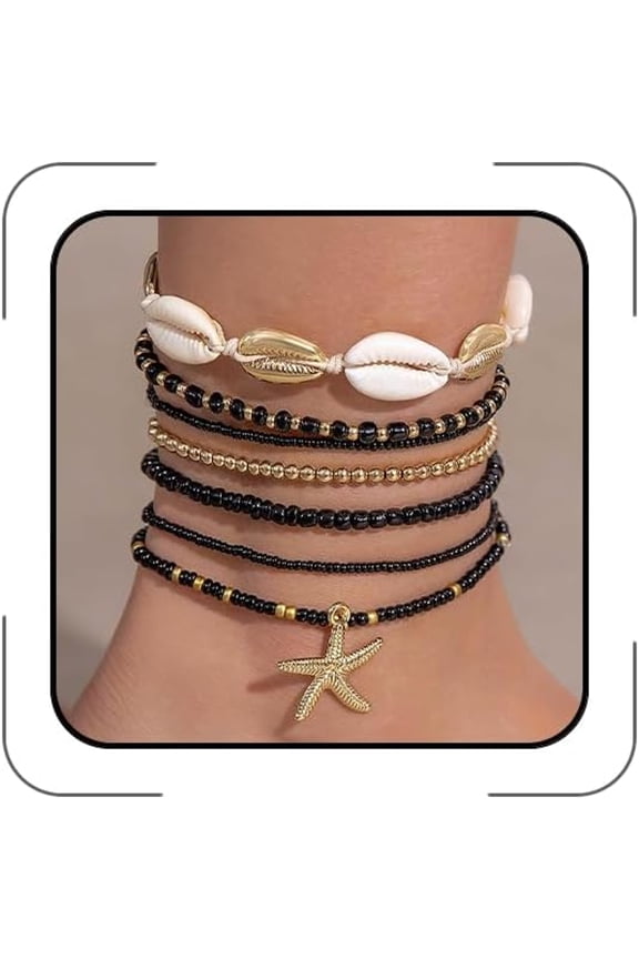 Shell Starfish Anklets Bracelet 7pcs Boho Seashell Beaded Anklet Hawaii Summer Beach Waterproof Surfer Starfish Anklets for Women