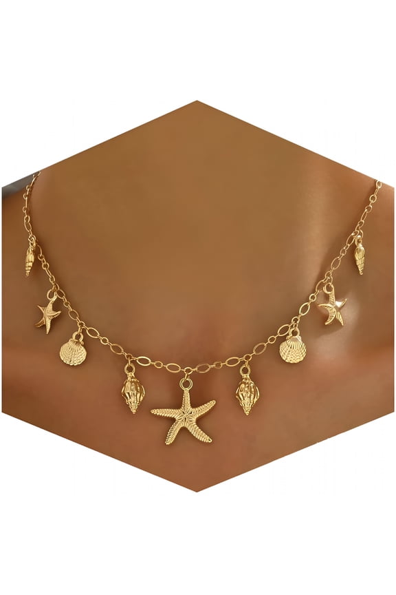 Shell Starfish Necklace for Women,14K Gold Plated Boho Layered Beaded Charm Pendant Necklace,Dainty Adjustable Pearl Conch Summer Beach Vacation Jewelry Gifts