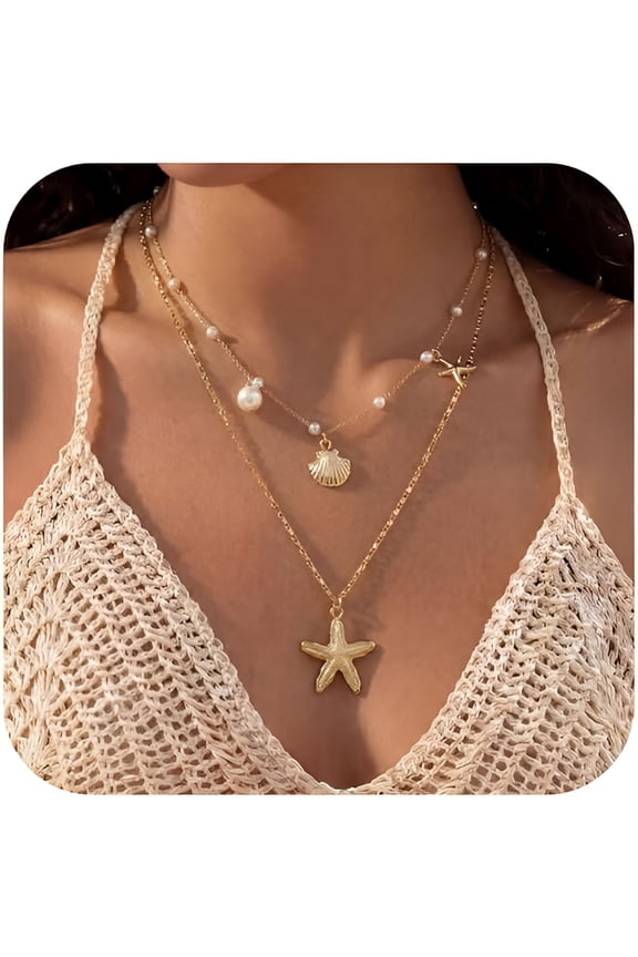 Shell Starfish Necklace for Women,Gold Plated Boho Layered Pendant Necklace with Pearl Conch Charm,Dainty Coastal Summer Beach Vacation Jewelry Gifts