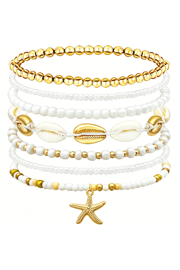 Shell Summer Beach Bracelets for Women Seashell Bracelets Boho Layered Beaded Bracelets Set Starfish Bracelets Handmade Stretch Bracelets Summer Beach Jewelry Accessories Gifts