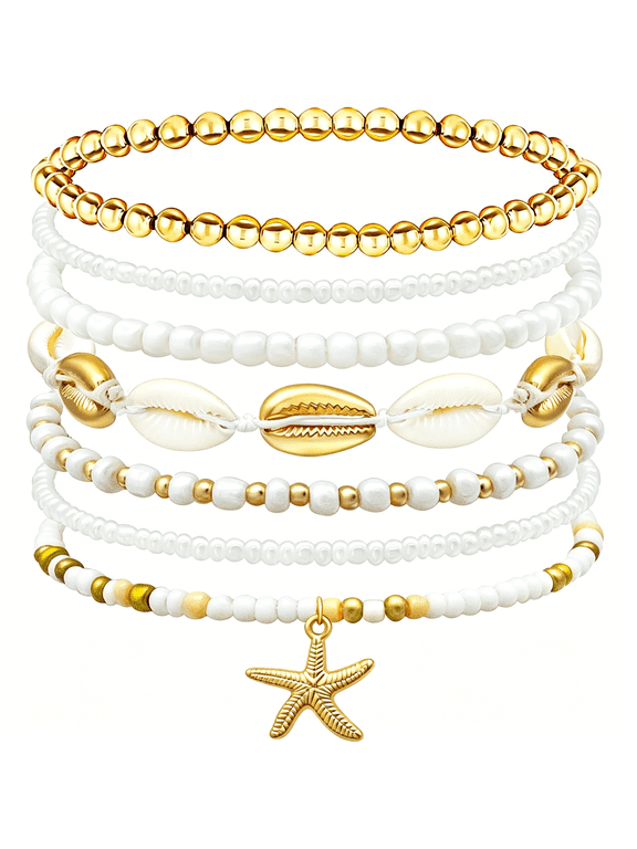 Shell Summer Beach Bracelets for Women Seashell Bracelets Boho Layered Beaded Bracelets Set Starfish Bracelets Handmade Stretch Bracelets Summer Beach Jewelry Accessories Gifts