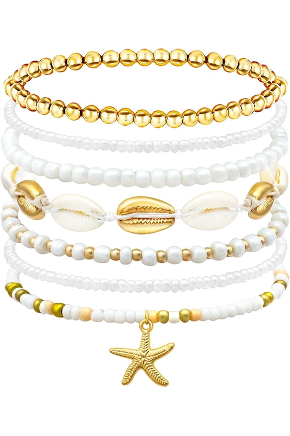 Shell Summer Beach Bracelets for Women Seashell Bracelets Boho Layered Beaded Bracelets Set Starfish Bracelets Handmade Stretch Bracelets Summer Beach Jewelry Accessories