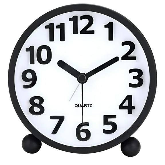 DESIGNICE Silent Analog Alarm Clock,Black Metal Large 3D Numbers,Non-Ticking Table Clock with Night Light Bedside Alarm Clock 10.8cm
