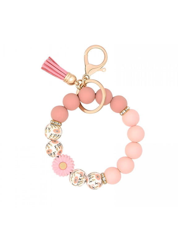 Silicone Beaded Keychain Wristlet Key Ring Bracelet Cute Car Key Chain Holder for Women Girls