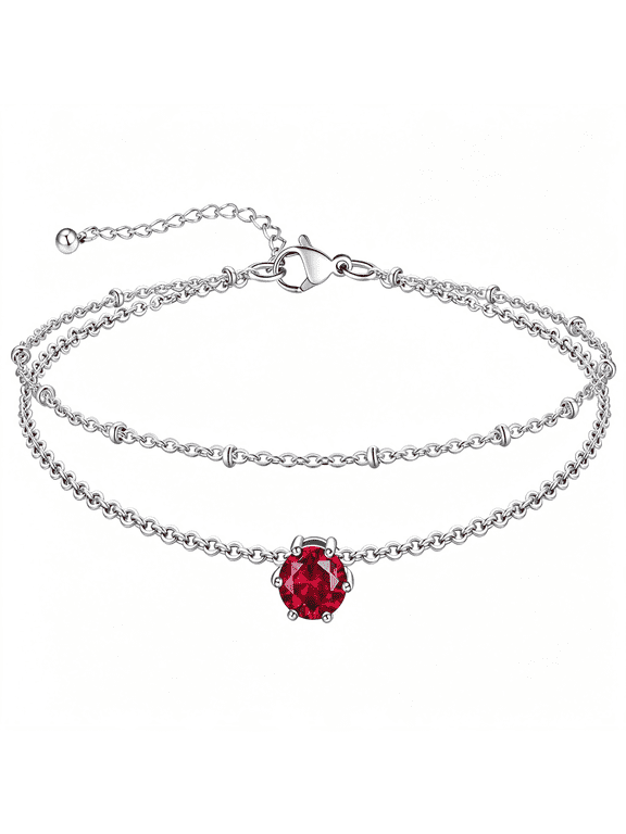Silver Ankle Bracelet for Women, Waterproof Layered Ankle Round Gem Birthstone Anklets, Summer Beach Foot Jewelry, Adjustable 8.5"-10.5" Red Anklet Vibrant & Durable