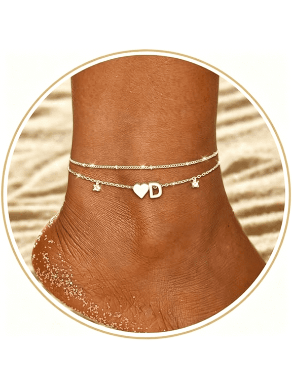 Silver Ankle Bracelets for Women 14K Gold Plated Initial Anklets for Women Waterproof Non Tarnish Dainty Layered Cz Letter A-Z Heart Charm Anklet Set Summer Beach Foot Chain Jewelry Gift