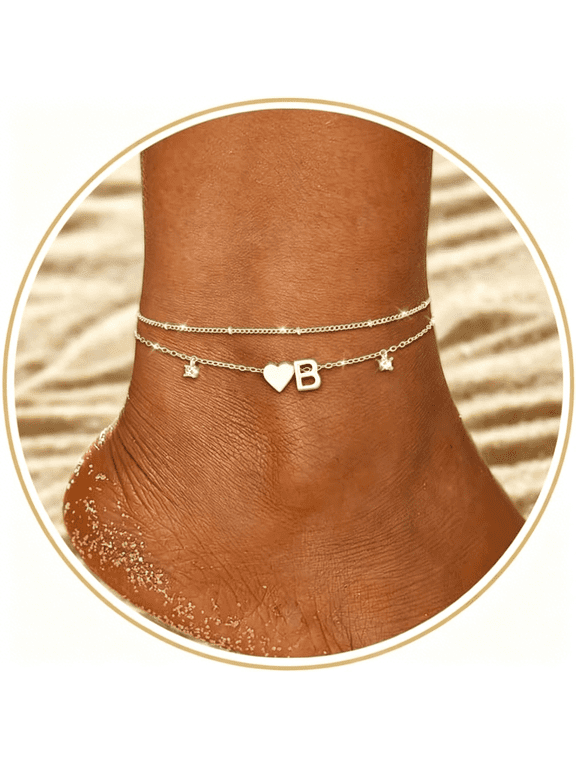 Silver Ankle Bracelets for Women 14K Gold Plated Initial Anklets for Women Waterproof Non Tarnish Dainty Layered Cz Letter A-Z Heart Charm Anklet Set Summer Beach Foot Chain Jewelry Gift