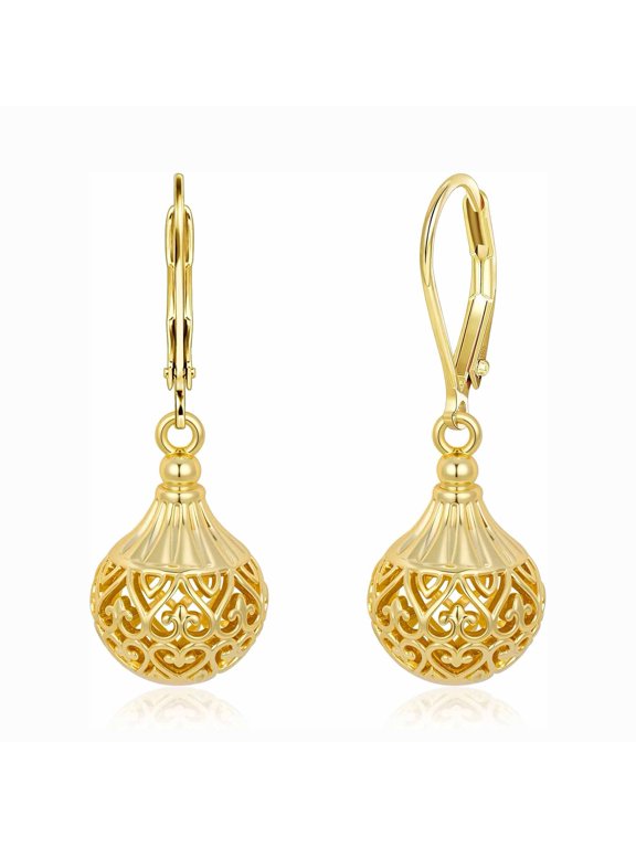 Silver Earrings Hypoallergenic Leverback 14K Gold Plated Dangle Ball Filigree Earrings for Women,Silver Vintage Drop Earring Dangling Dangly Earings Gold Dangle Earrings for Women