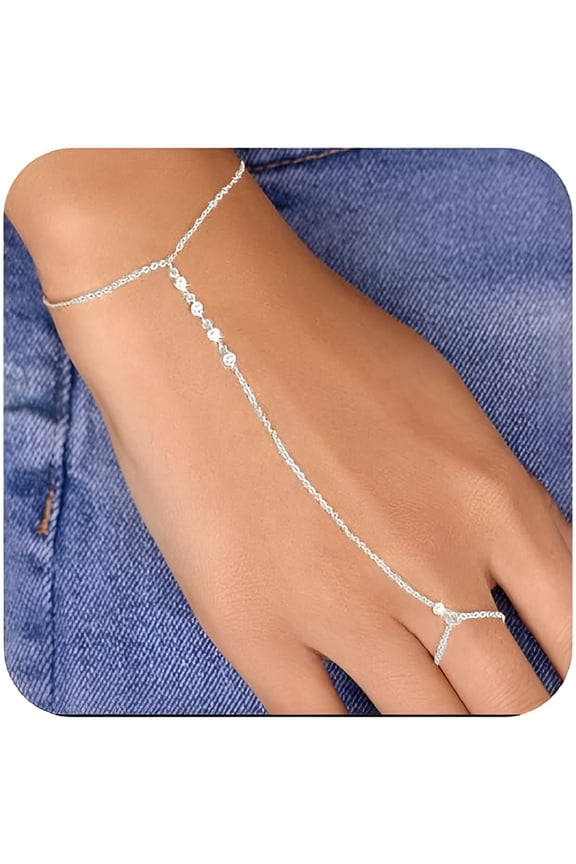 Silver Hand Chain Bracelet, Silver Finger Ring Hand Chain, Cubic Zirconia Crystal Bead Chain Hand, Bracelet Connected with Ring, Trendy Hand Jewellery, Suitable for Gifts