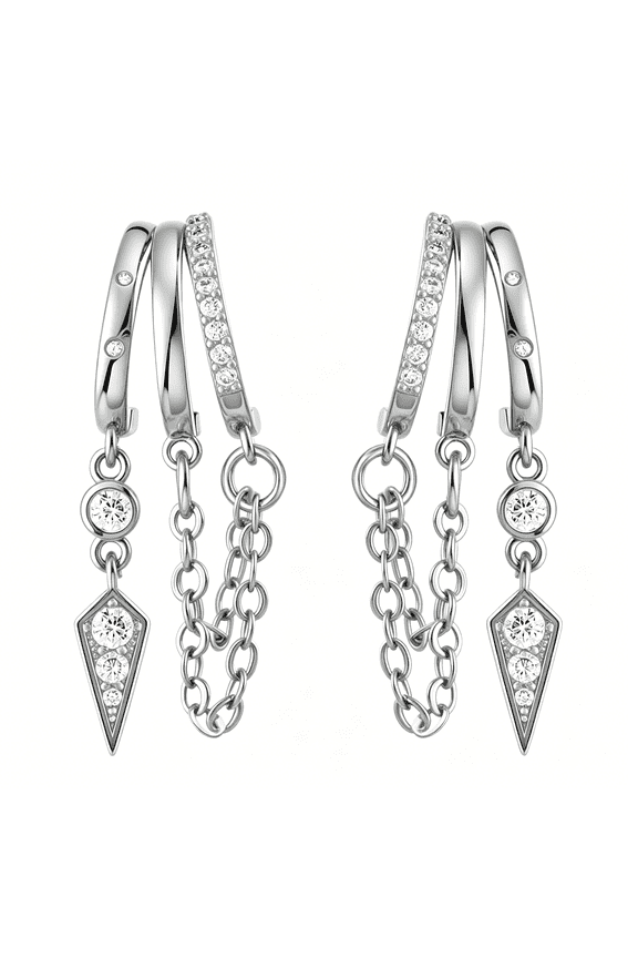 Silver Huggie Dangle Earrings for Women, Non Tarnish Triple Hoop Drop Earrings with Cubic Zirconia, Trendy Hypoallergenic Long Chain Huggie Earrings Fashion Jewelry Gifts