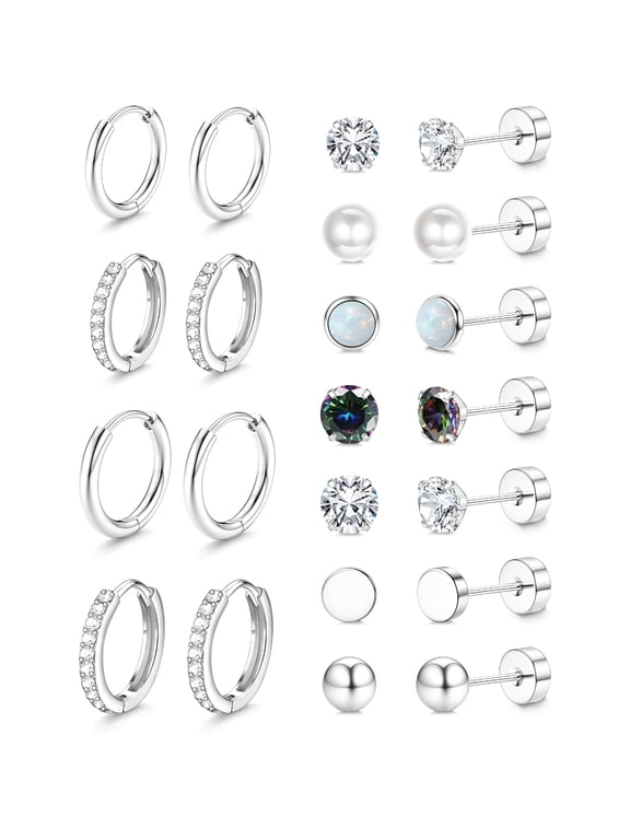 Silver Hypoallergenic Surgical Steel Stud Hoop Earrings for Sensitive Ears,Small Flat Back Earring Stack Set,Cartilage Silver Hoops