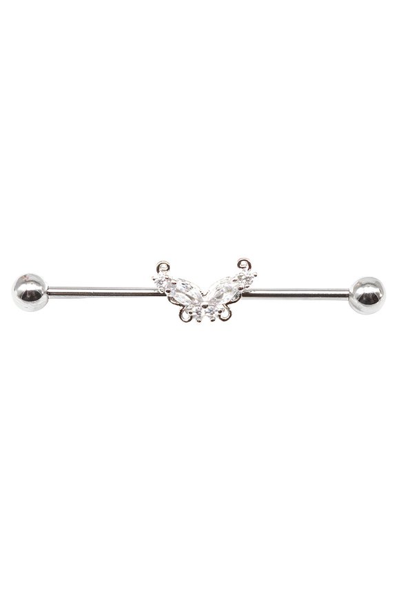 Silver Industrial Piercing Jewelry, Butterfly Barbell Earring with Heart Zircon, Women's Cartilage Bar for Party