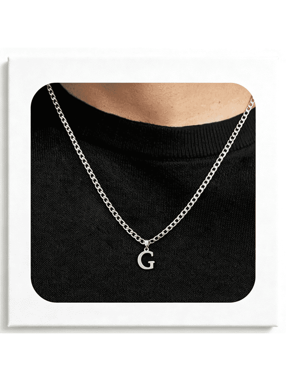 Silver Initial Necklace for Men Letter Pendant Cuban Link Chain|Stainless Steel 4Mm 20 Inch Chain Non Tarnish Silver Plated A-Z Capital Name Charm Custom Personalized Jewelry Gift for Man