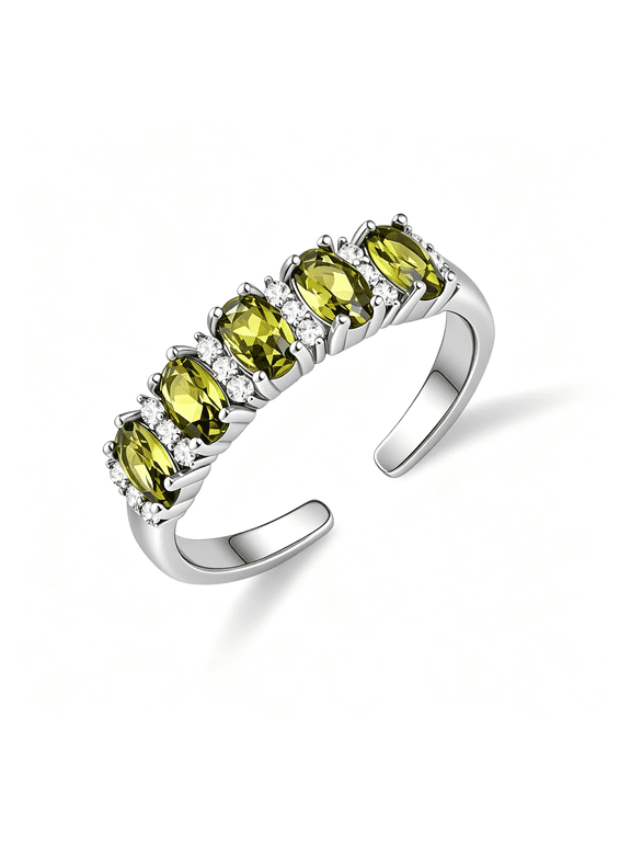 Silver Peridot Eternity Band Ring Created Green Gemstone Wedding Band Stackable Birthstone Adjustable Rings for Women Sparkling Peridot Ring