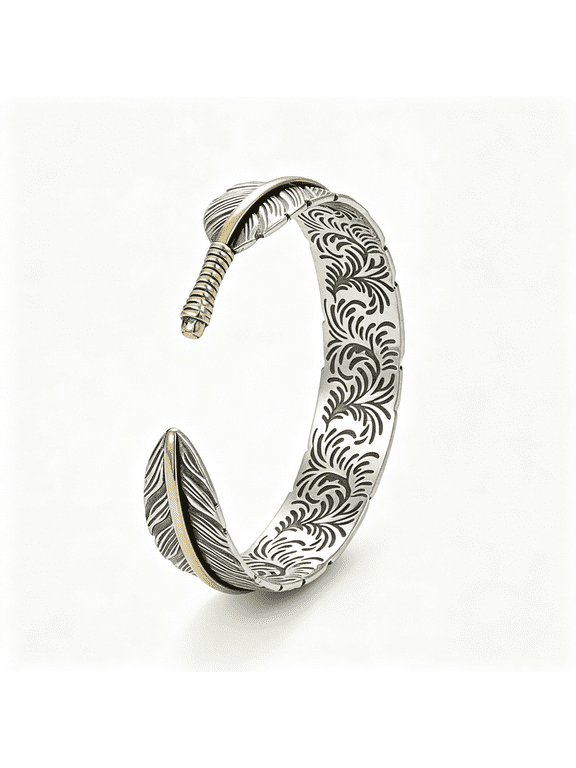 Silver Plated Feather Cuff Bracelet for Men and Women,Adjustable Open Bangle Jewelry,Vintage Style Gift for Birthday Anniversary