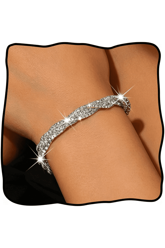 Silver Rhinestone Bracelet for Women Layered Sparkly Rhinestone Open Cuff Bracelet Adjustable Multi Row Glitter Bangle Bride Bridesmaid Wedding Party Prom Jewelry Accessories for Her